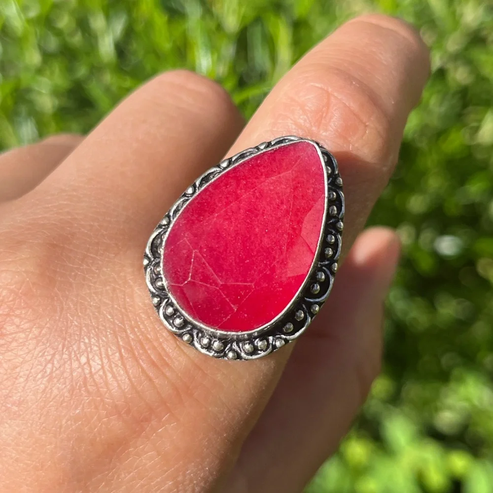 Size 9 925 silver plated‎ hot pink simulated ruby ring